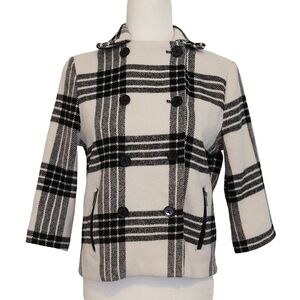 Jack by BB Dakota Ivory & Black Buffalo Plaid Double Breasted Zip Pocket Peacoat